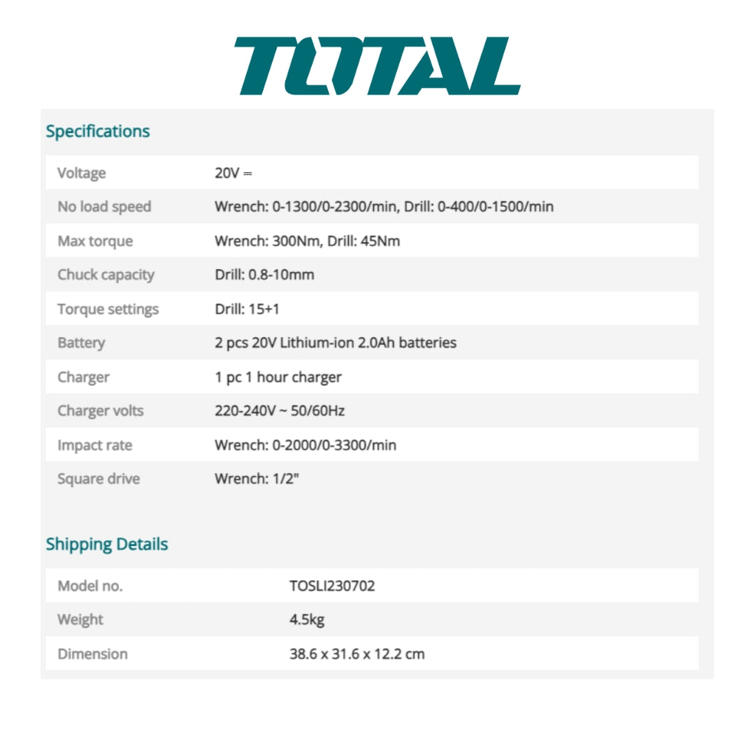 TOTAL Cordless Impact Wrench Combo