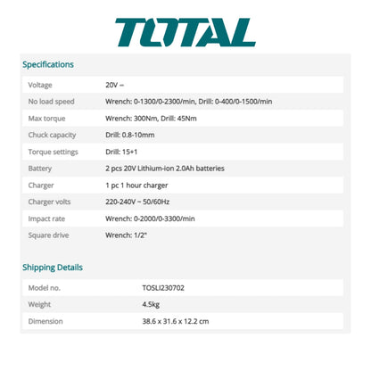 TOTAL Cordless Impact Wrench Combo