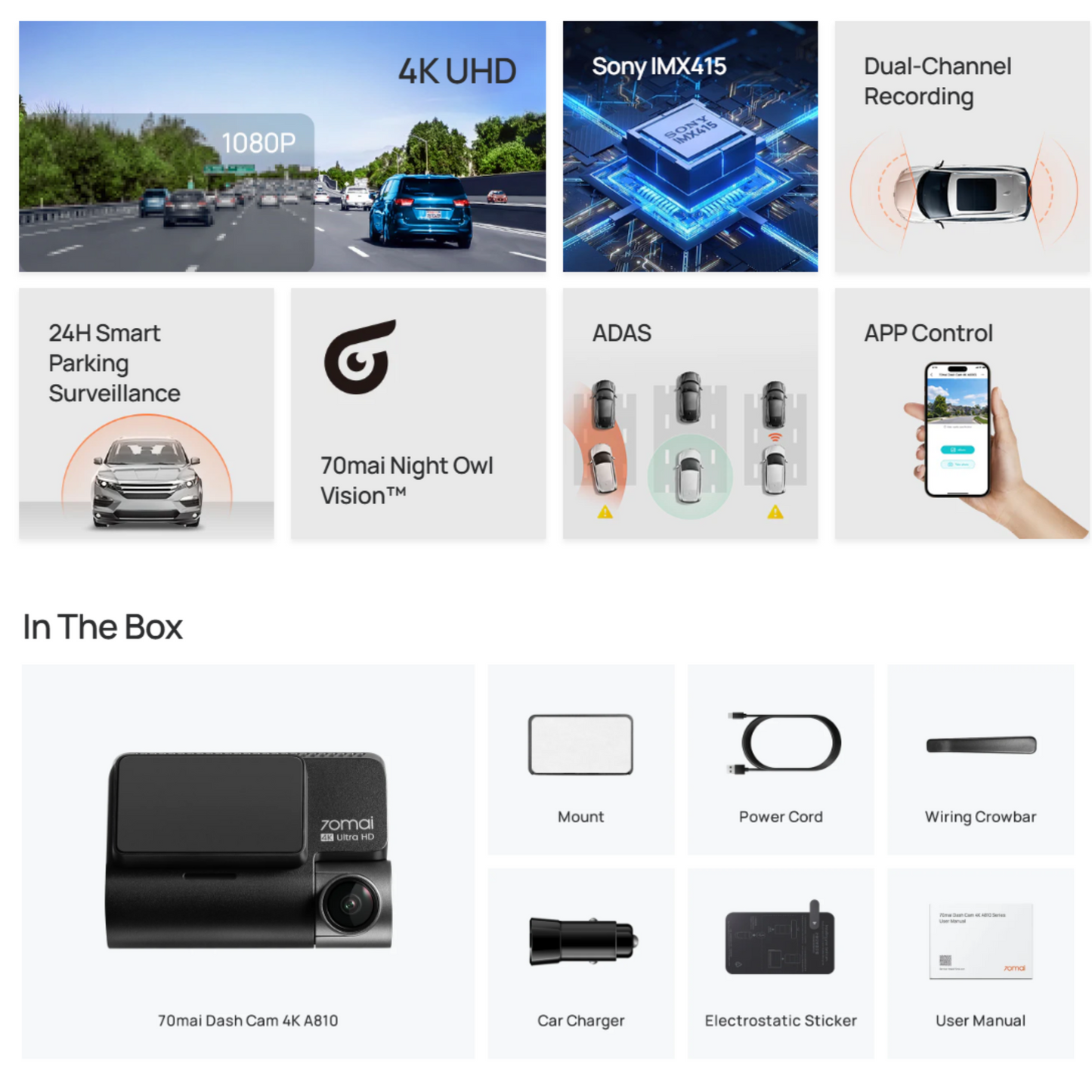 70mai Dash Cam A810 with Sony STARVIS 2